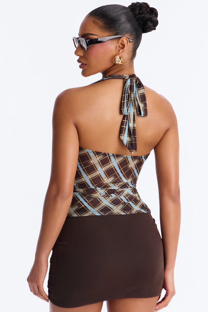 Maisie Plaid Mesh V-Neck Halter Top - Brown/combo