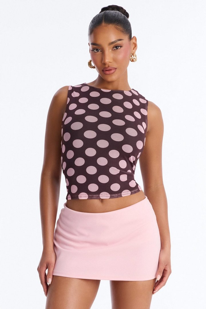 Sabrina Mesh Polka Dot Sleeveless Top - Brown/combo