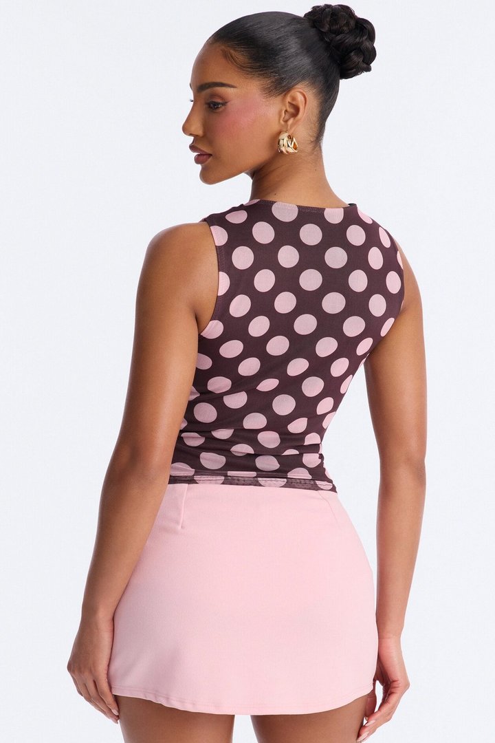 Sabrina Mesh Polka Dot Sleeveless Top - Brown/combo