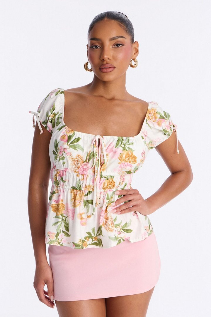 Regina Babydoll Floral Short Sleeve Smocked Top - Ivory/combo