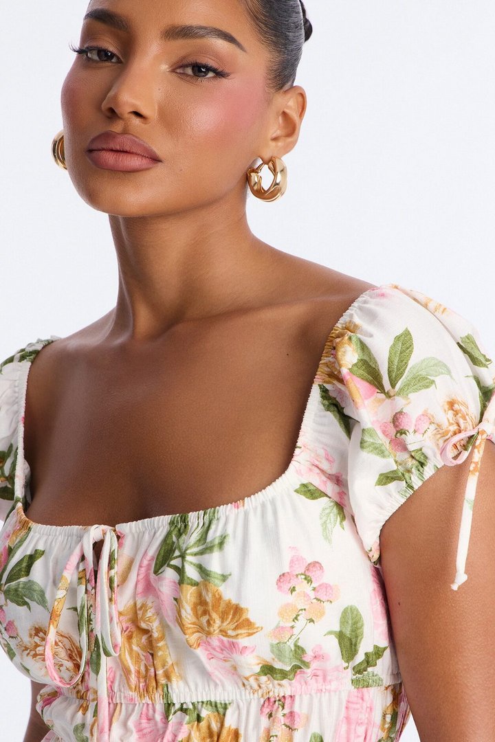 Regina Babydoll Floral Short Sleeve Smocked Top - Ivory/combo