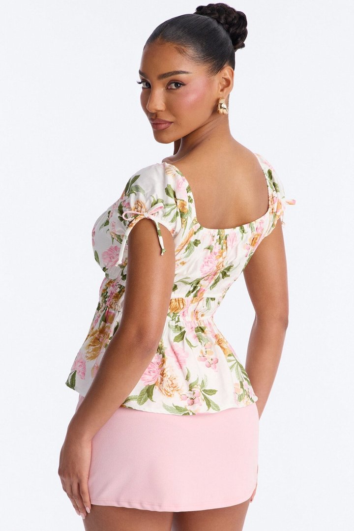Regina Babydoll Floral Short Sleeve Smocked Top - Ivory/combo