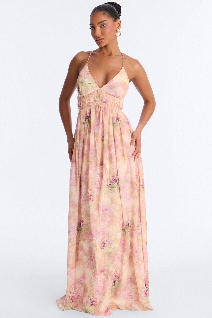 Flirty Flare Chiffon Maxi Dress - Peach/combo