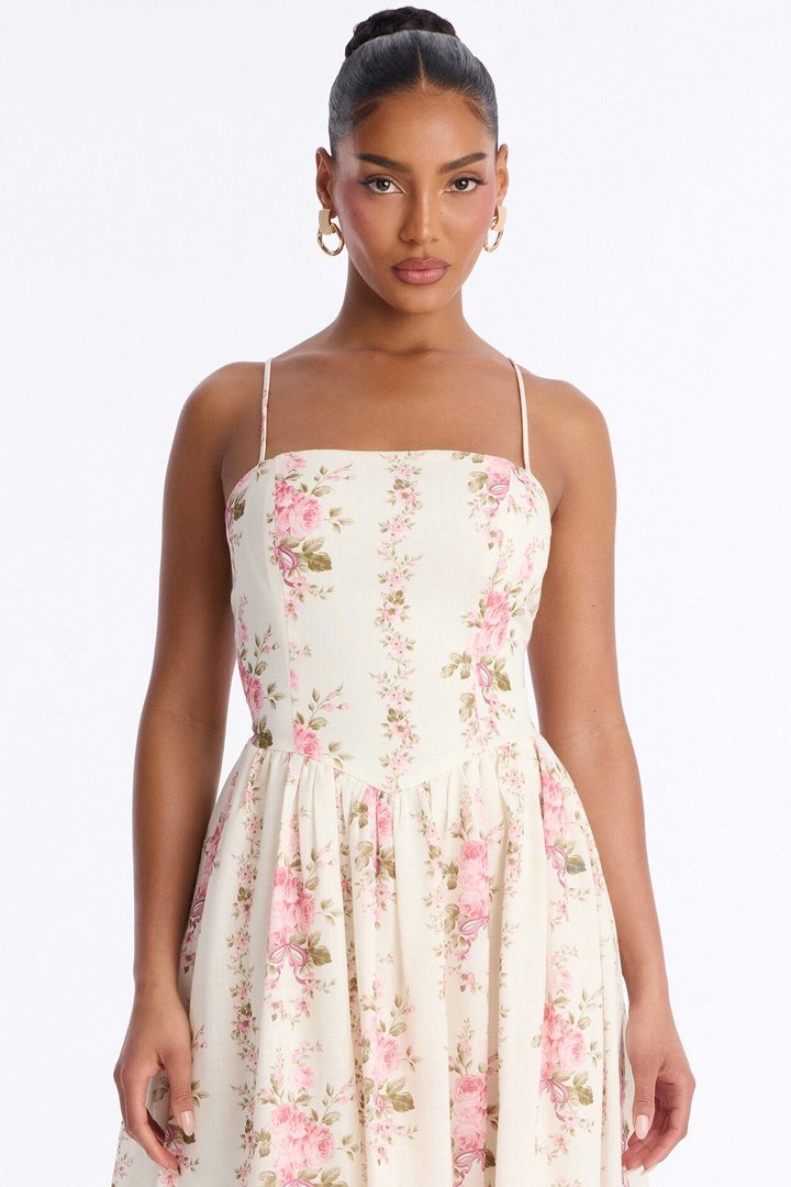 Winni Floral Linen Midi Dress - White/combo