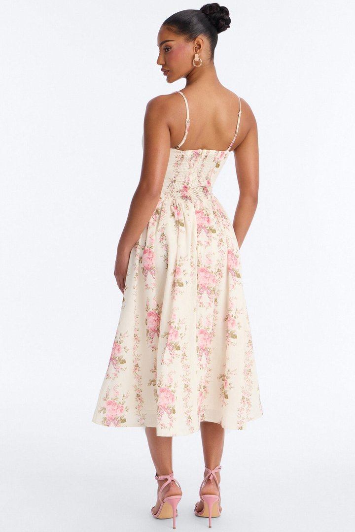 Winni Floral Linen Midi Dress - White/combo