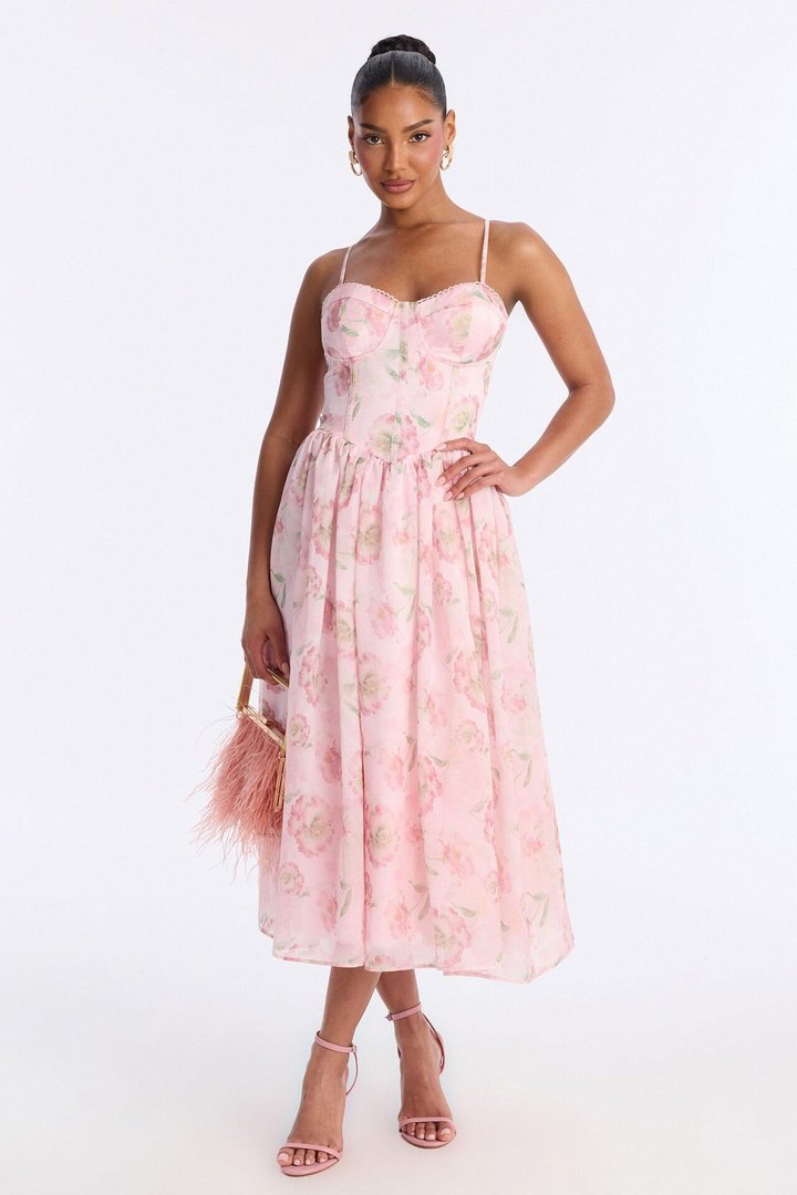 Yara Floral Organza Midi Dress - Pink