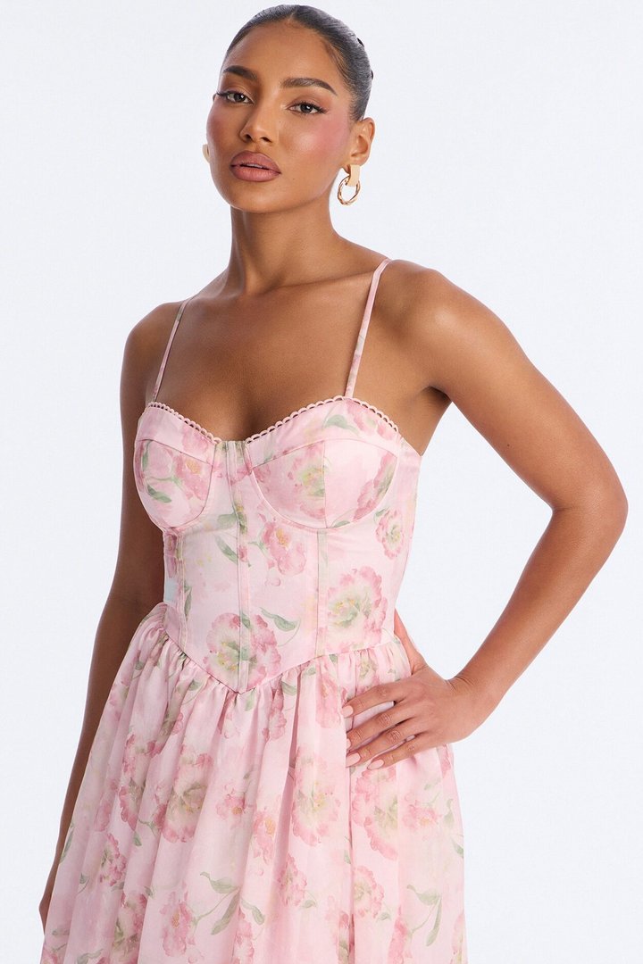 Yara Floral Organza Midi Dress - Pink