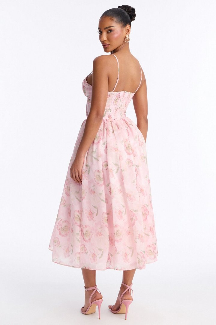 Yara Floral Organza Midi Dress - Pink