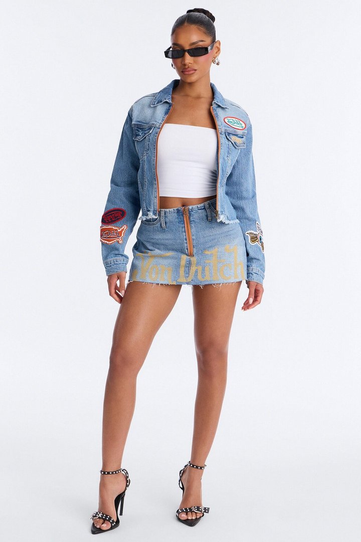 Von Dutch Cropped Zip Front Denim Jacket - Medium Wash
