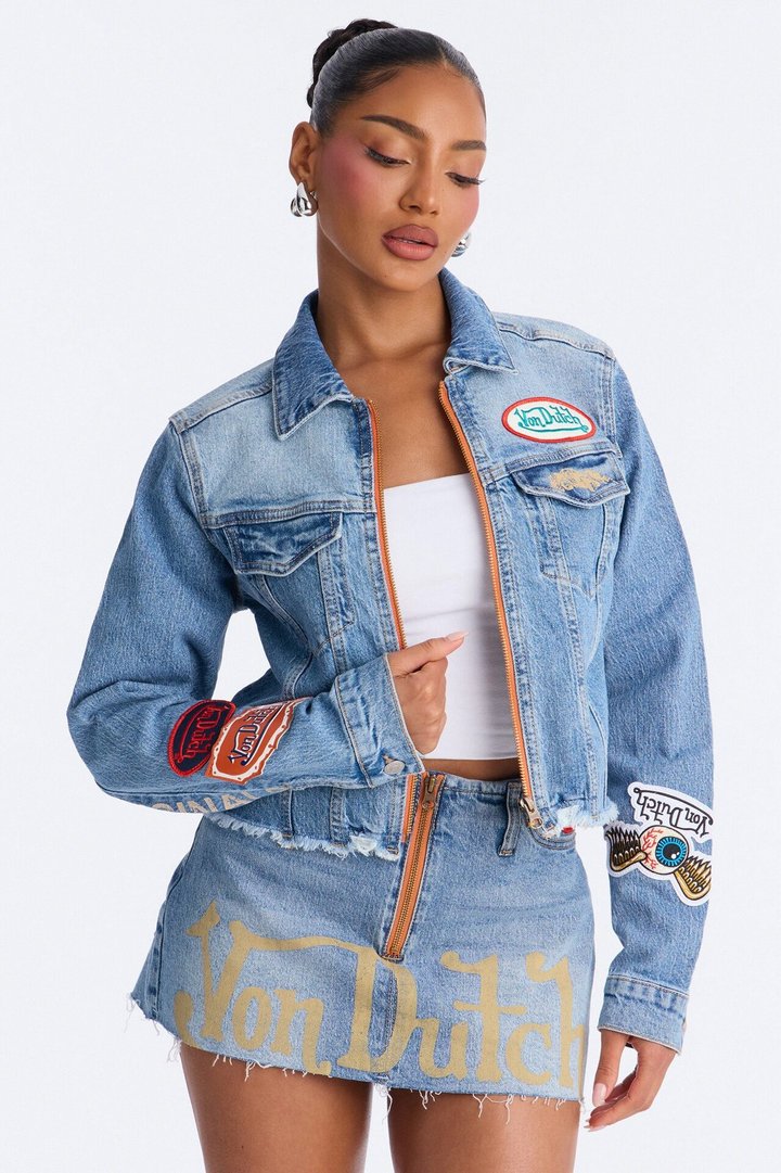 Von Dutch Cropped Zip Front Denim Jacket - Medium Wash