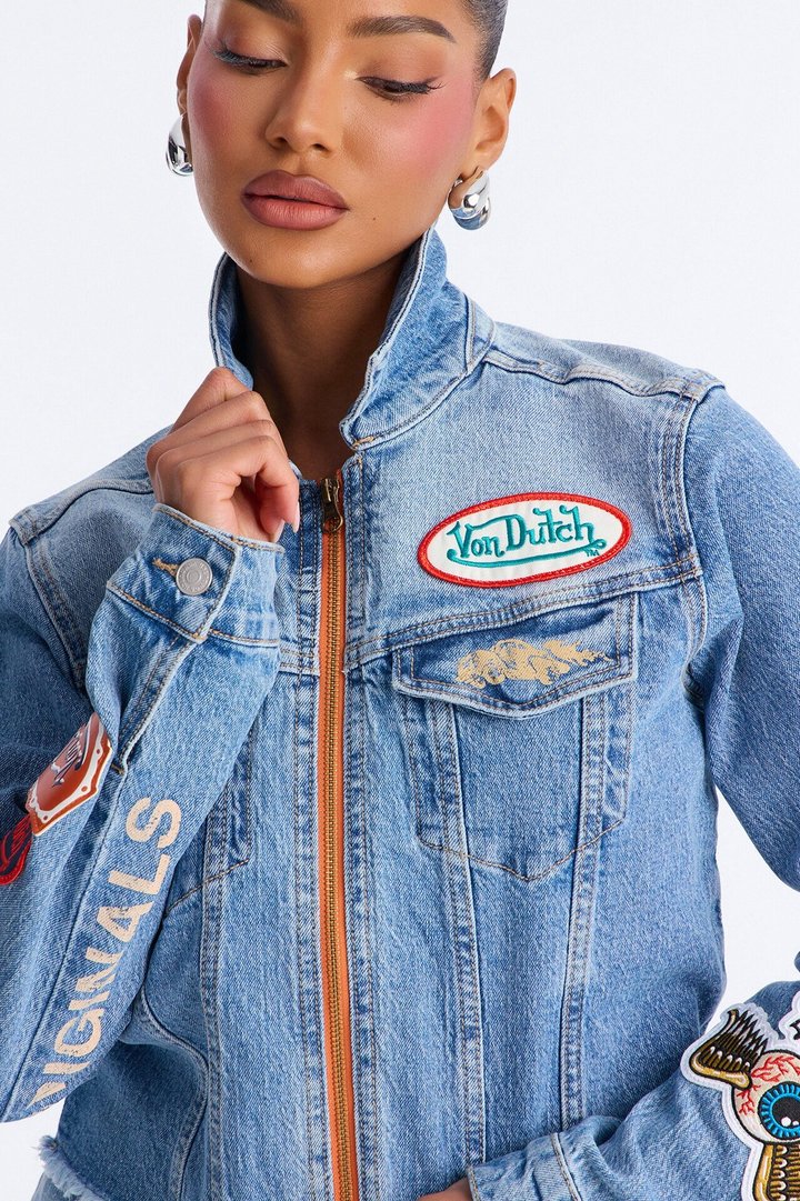 Von Dutch Cropped Zip Front Denim Jacket - Medium Wash
