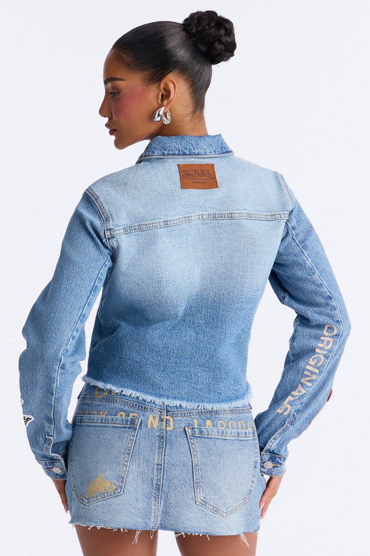 Von Dutch Cropped Zip Front Denim Jacket - Medium Wash