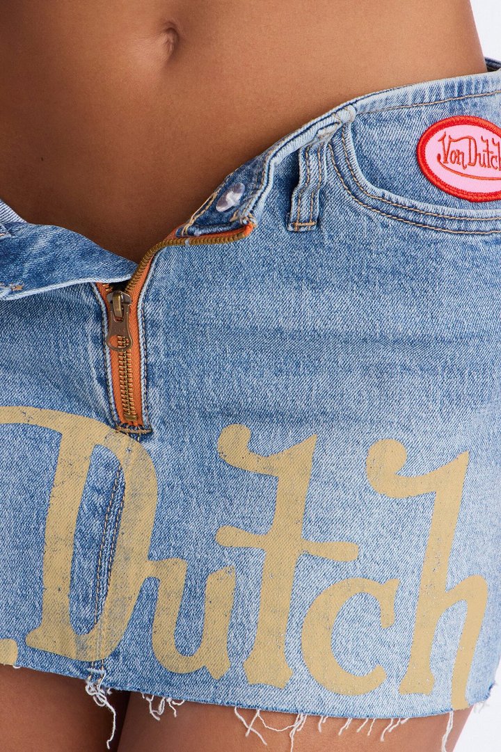 Von Dutch Zip Front Denim Mini Skirt - Medium Wash