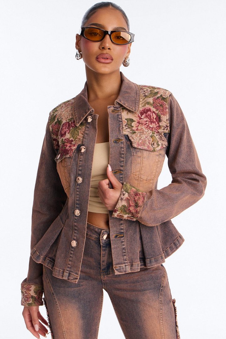 Amari Floral Denim Jacket - Burgundy
