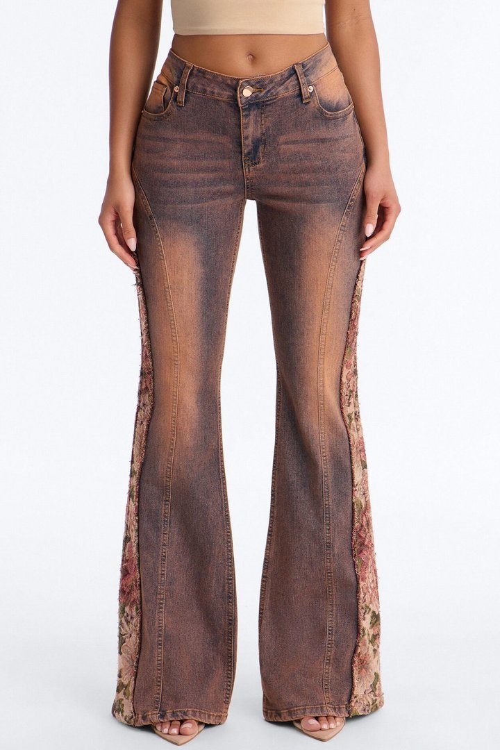 Amari Floral Stretch Low Rise Flare Leg Jeans - Burgundy