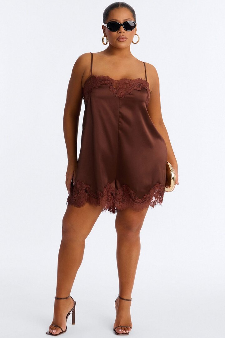 Hailey Lace Trim Satin Romper - Chocolate