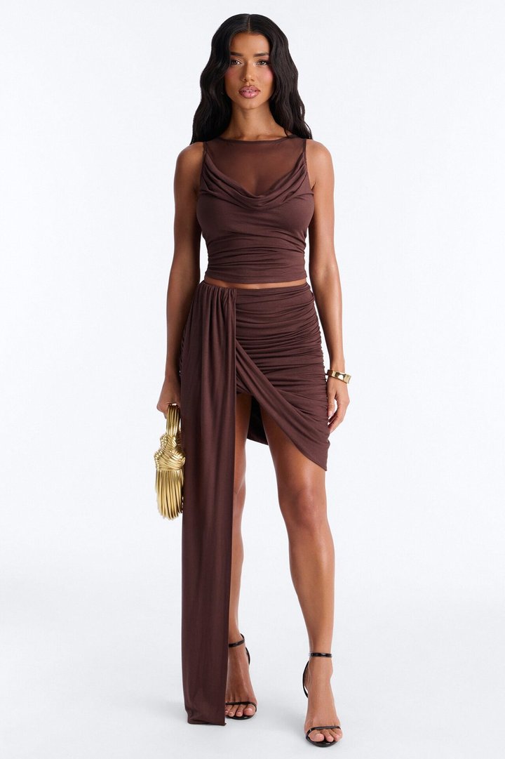 Effortless Edge Draped Midi Skirt - Chocolate