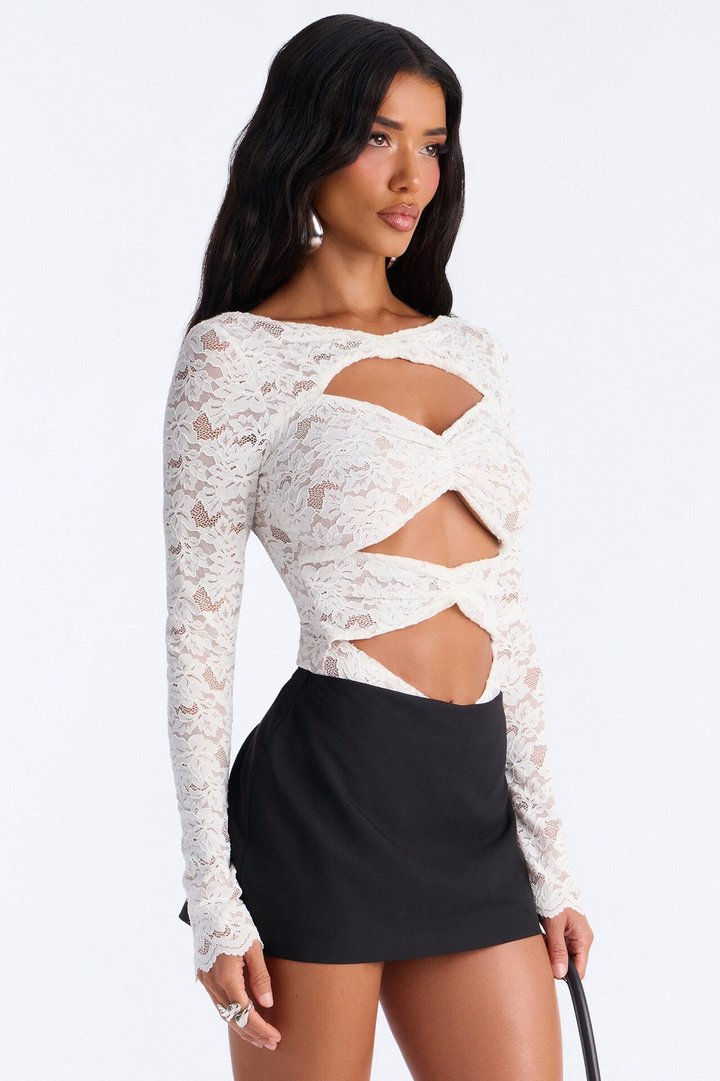 Stunner Lace Long Sleeve Bodysuit - White