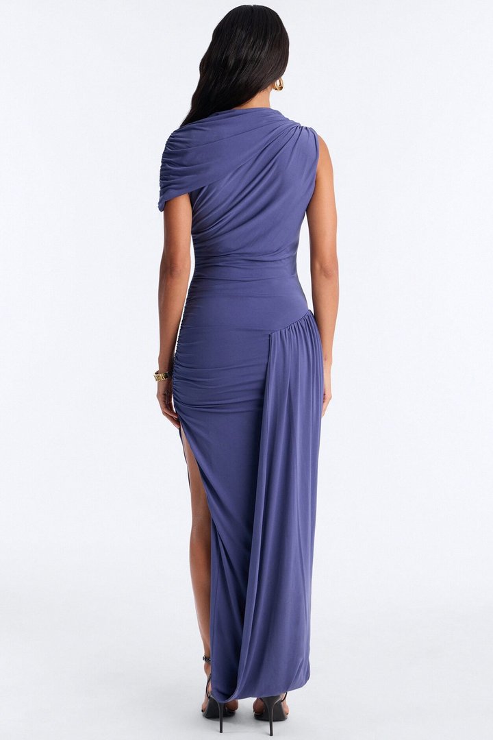 On Her Terms Draped Midi Dress - Dusty Blue