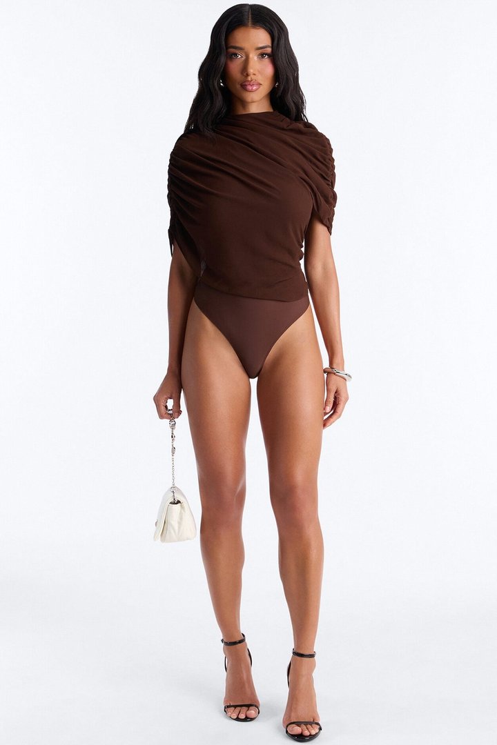 Everyday Confidence Draped Chiffon Bodysuit - Chocolate