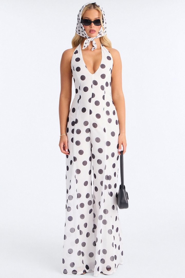 Bella Polka Dot Chiffon Headscarf And Jumpsuit - White/Black