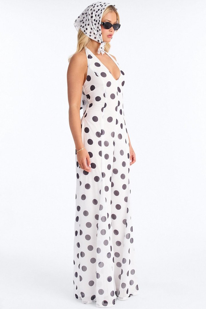 Bella Polka Dot Chiffon Headscarf And Jumpsuit - White/Black