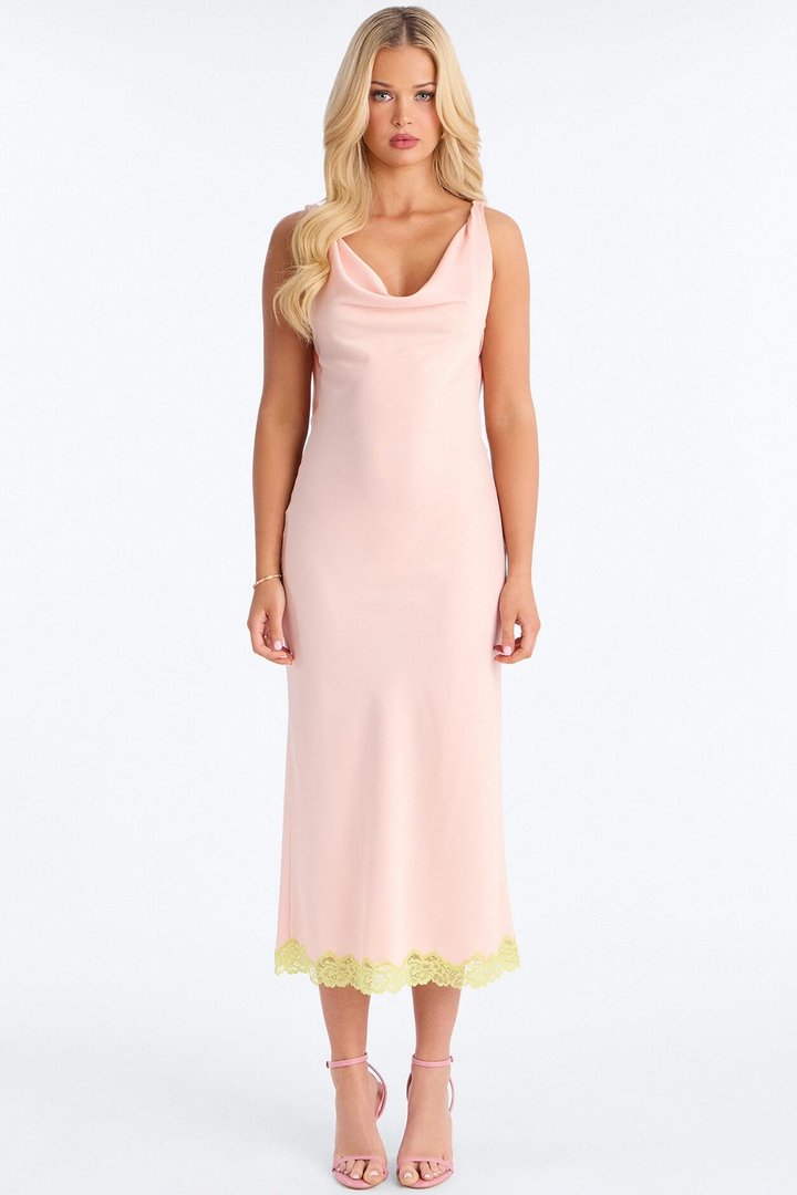 Sweet Satin Lace Trim Midi Dress - Pink/combo