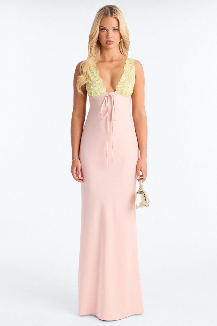 Sweet Satin Lace Trim Maxi Dress - Pink/combo
