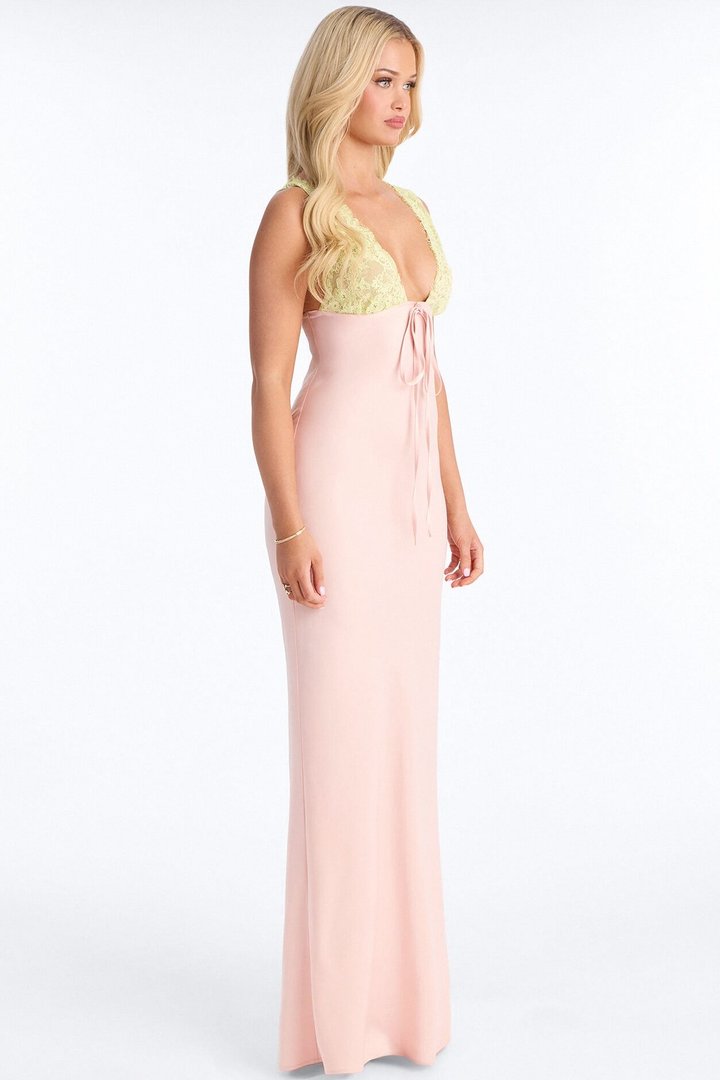 Sweet Satin Lace Trim Maxi Dress - Pink/combo
