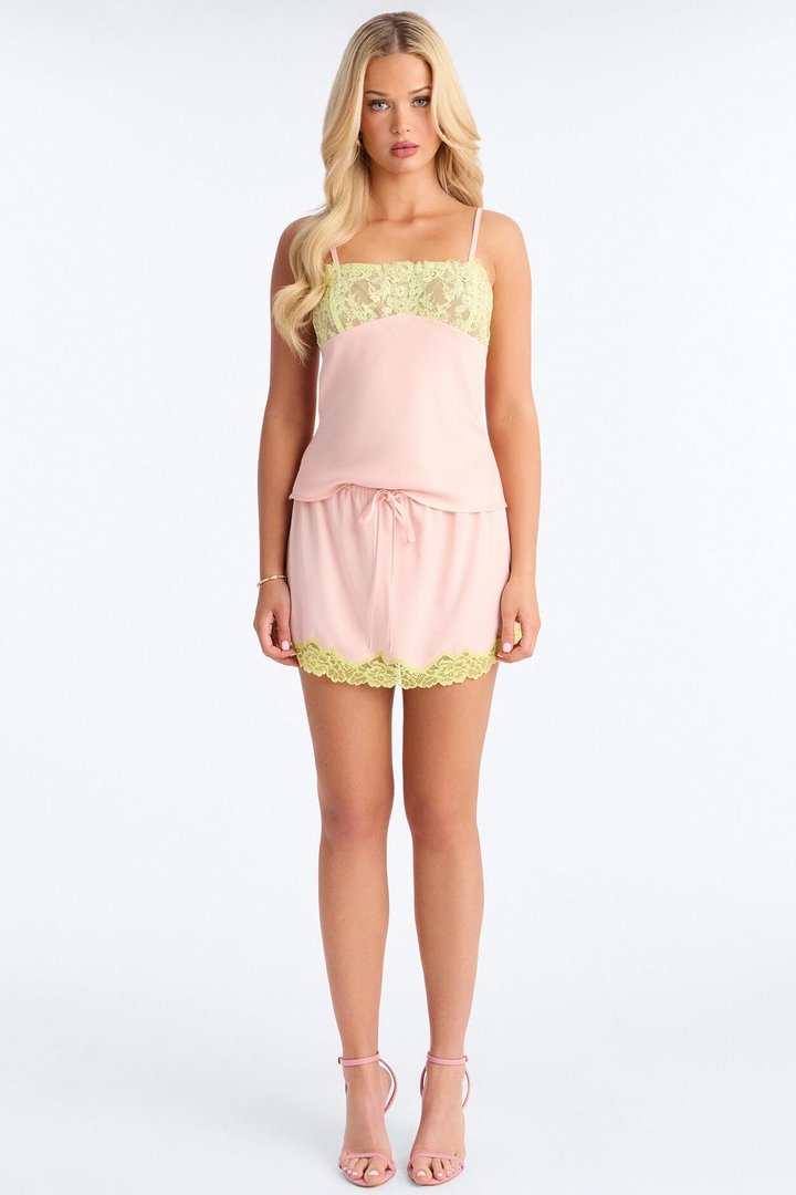 Sweet Satin Lace Trim Cami Top - Pink/combo