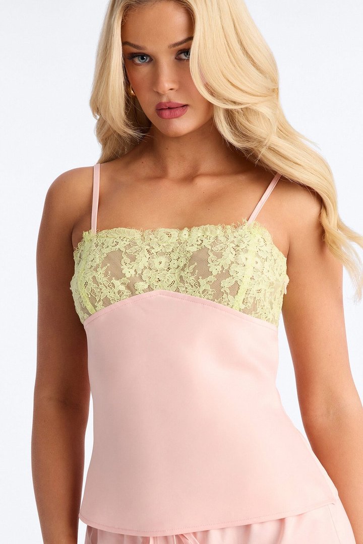 Sweet Satin Lace Trim Cami Top - Pink/combo