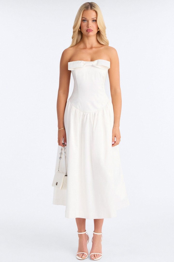 Darling Bow Satin Midi Dress - Off White