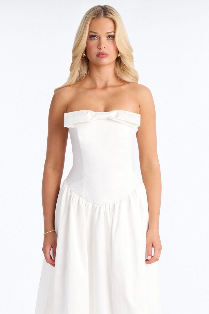 Darling Bow Satin Midi Dress - Off White