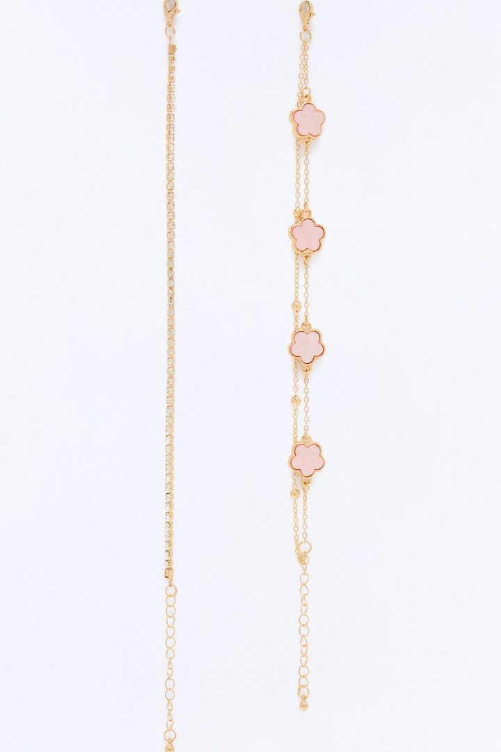 Wish Me Luck Clover 2 Piece Anklet Set - Gold/Pink