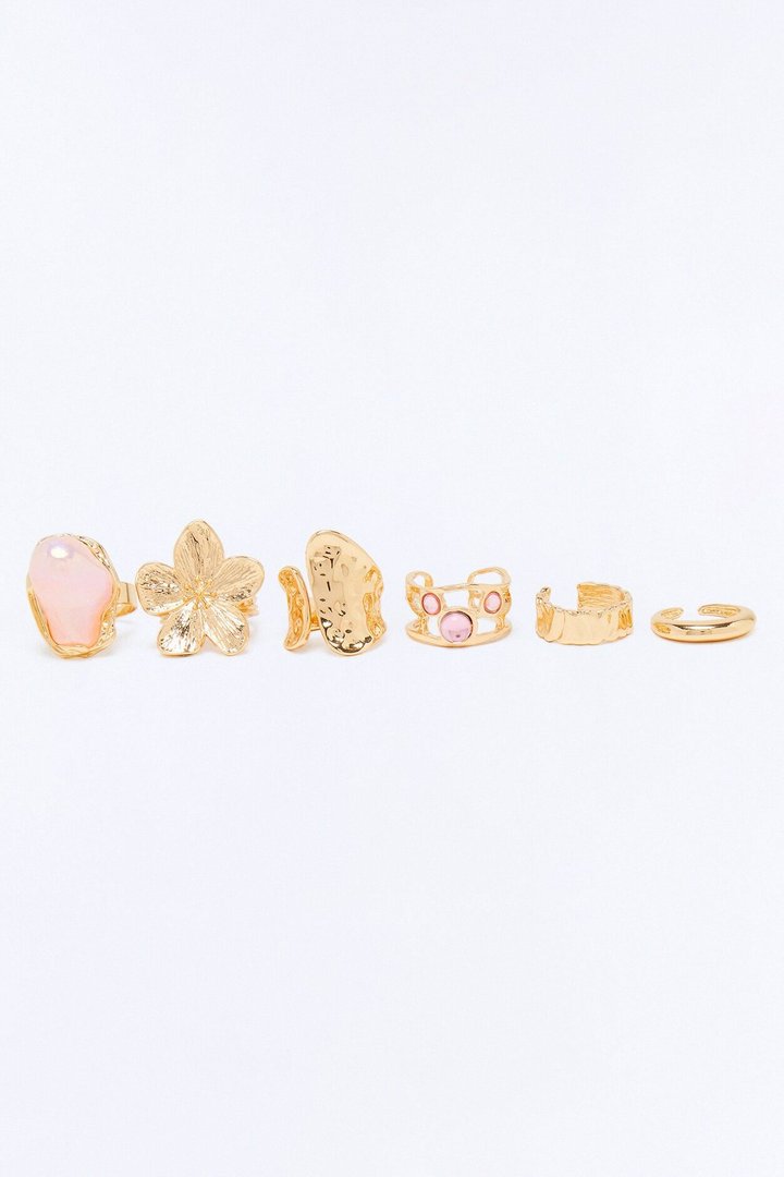 De Flur 6 Piece Multi Ring Set - Gold/Pink