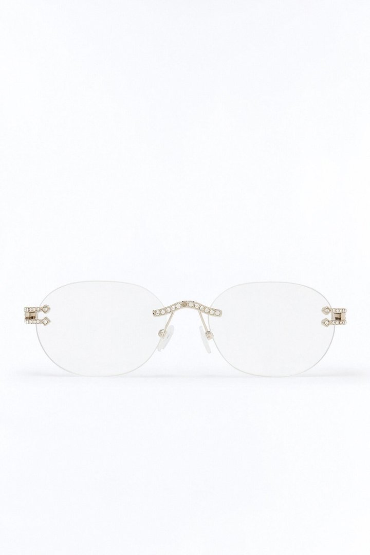 Embellished Round Frameless Metal Sunglasses - Silver
