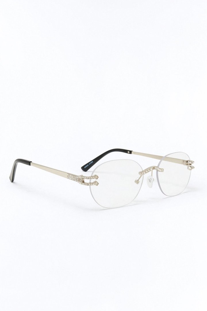 Embellished Round Frameless Metal Sunglasses - Silver