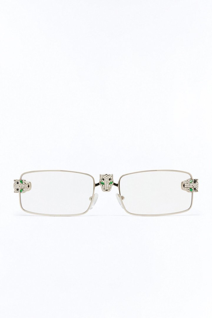 Iced Panther Rectangle Metal Sunglasses - Silver