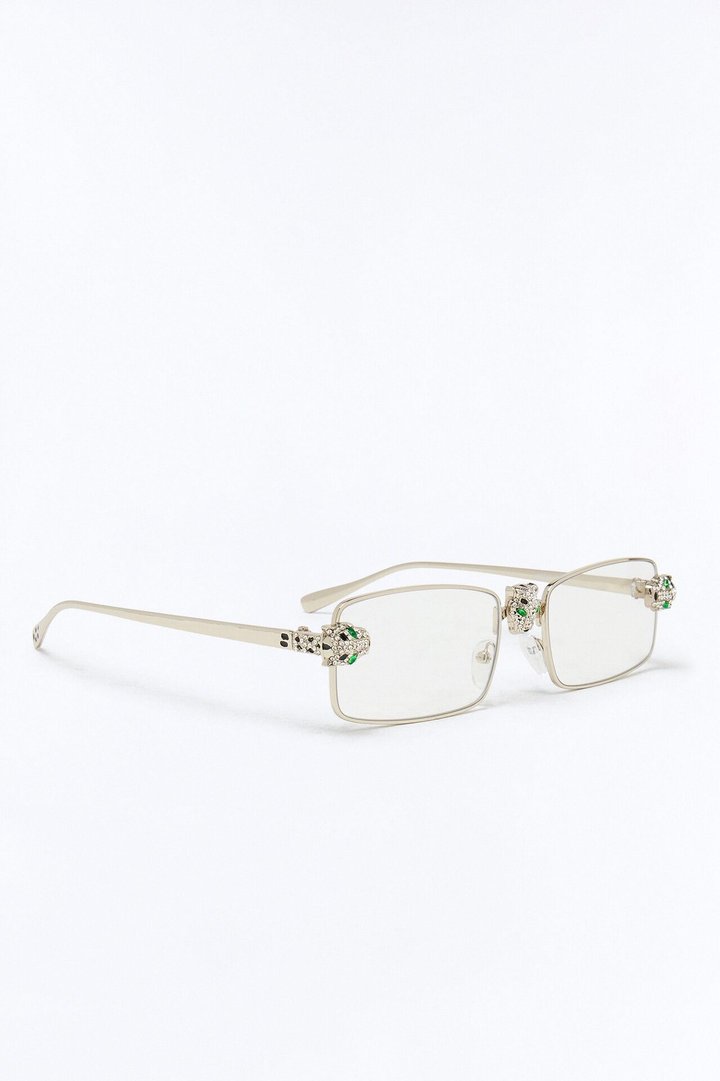 Iced Panther Rectangle Metal Sunglasses - Silver