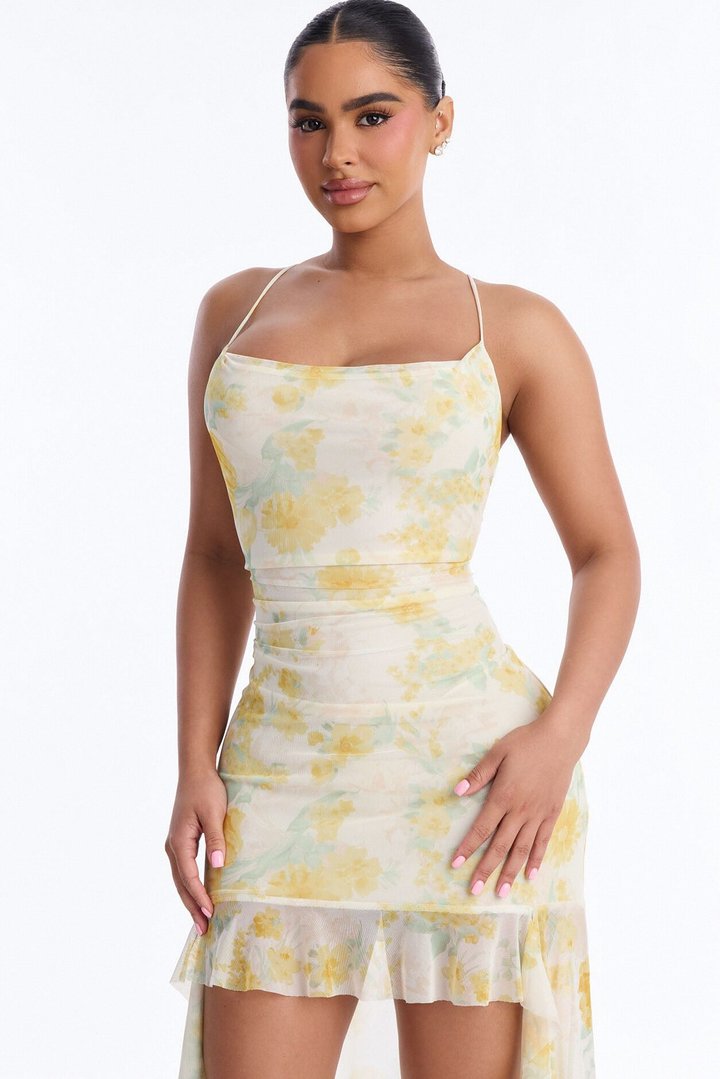 Calista Asymmetrical Mesh Maxi Dress - Yellow/combo