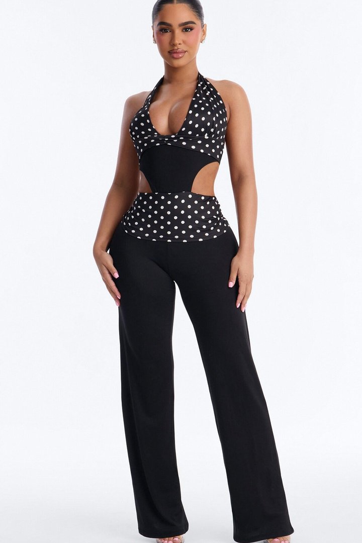Kalana Polka Dot Flare Jumpsuit - Black