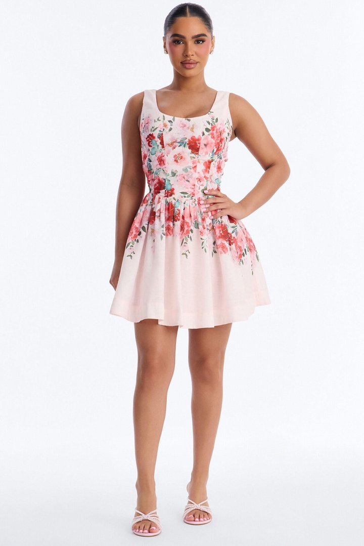Lyra Floral Linen Mini Dress - Pink