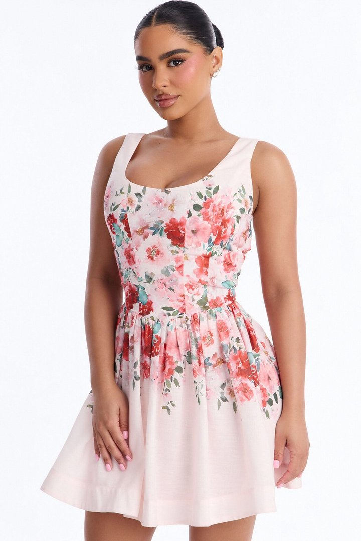 Lyra Floral Linen Mini Dress - Pink
