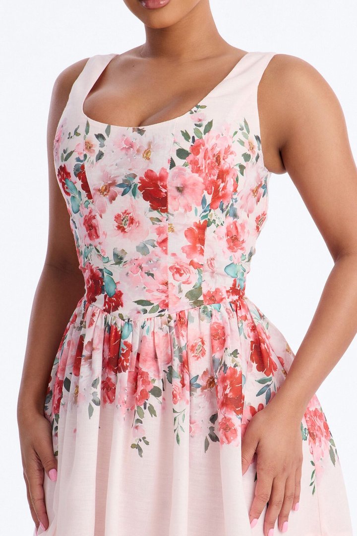 Lyra Floral Linen Mini Dress - Pink