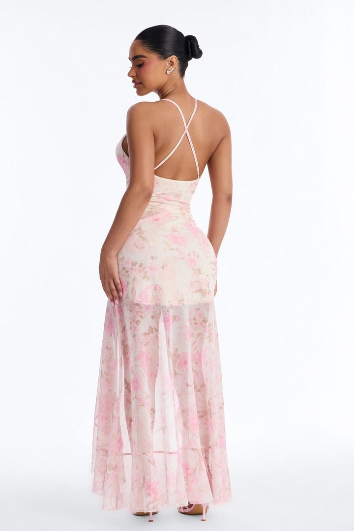 Calista Asymmetrical Mesh Maxi Dress - Pink/combo