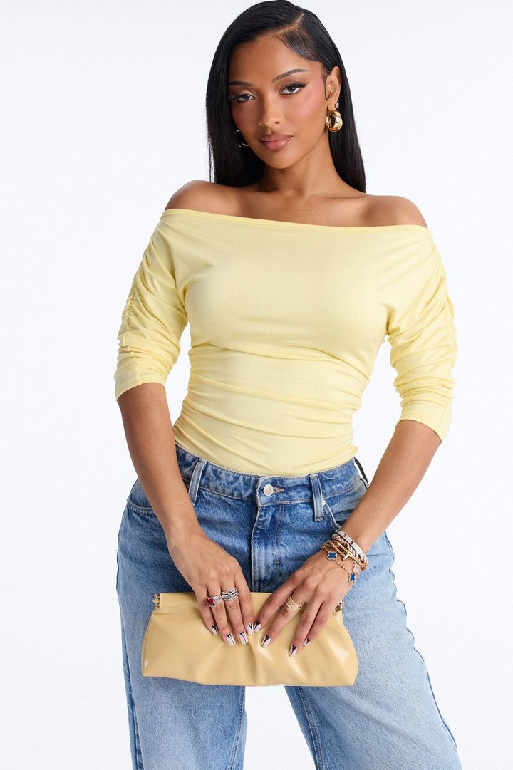 Lola Boat Neck Ruched Sleeve Bodysuit - Butter Yellow