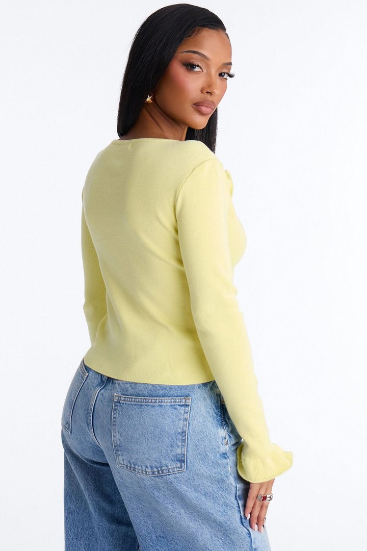 Cecily Ruffle Tie Front Cardigan Sweater - Yellow