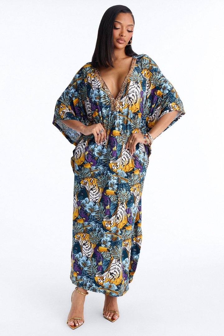 Mirage Pool Sequins Cover Up Maxi Kaftan - Blue/combo