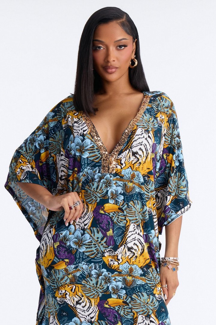 Mirage Pool Sequins Cover Up Maxi Kaftan - Blue/combo