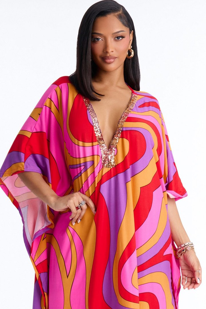 Mirage Pool Sequins Cover Up Maxi Kaftan - Hot Pink/combo